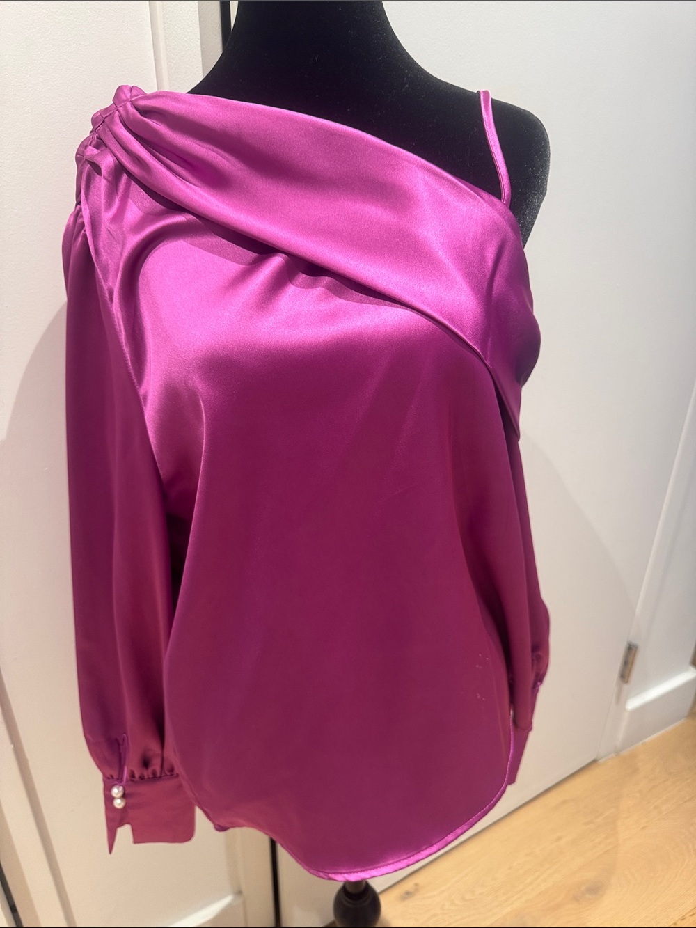 Asymmetrical Shoulder Satin Blouse in Bright Fuchsia